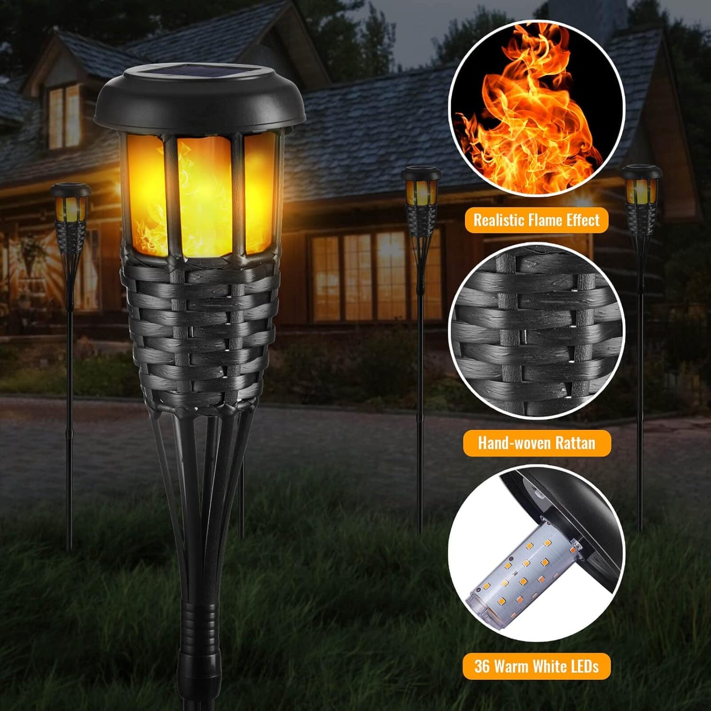 Flickering Flames Torch Solar Lights Handmade Bamboo Outside Flame Lighting Waterproof for Path, Garden, Outdoor Decoration