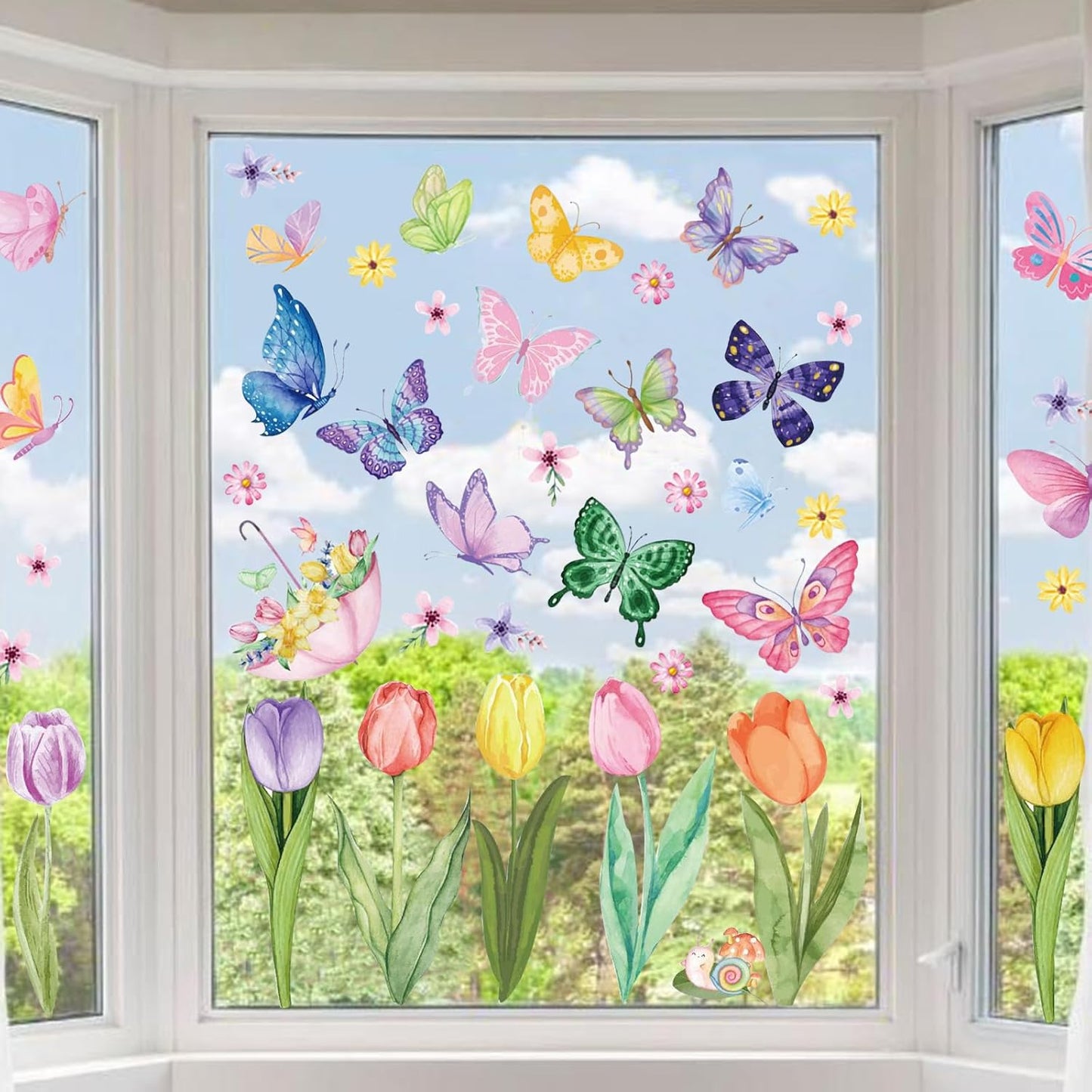 83 PCS Window Clings Spring Flower Window Stickers Decorations for Glass Windows, Easter Tulip Butterfly Flower Window Decals
