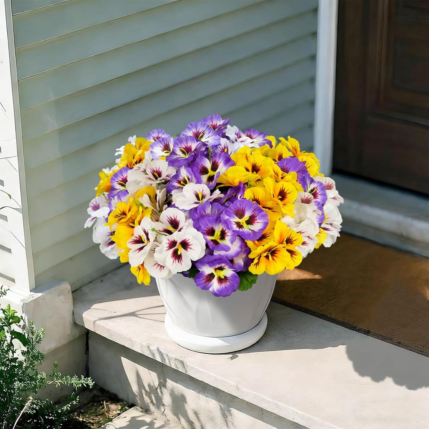 Artificial Flowers for Outdoor, 9 Bundles Silk Faux Pansies Fowers,UV Resistant Fake Pansy Flowers for Outdoor Planters Home Garden Office Patio Front (Yellow/Purple/White)