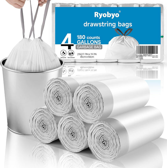 180 Counts Drawstring Small Trash Bags 2-4 Gallon, 4 Gallon Mini Trash Bag Extra Strong, Small Garbage Bags Unscented, Stretchy, Quick Cinch for Bathroom Bedroom Office,White