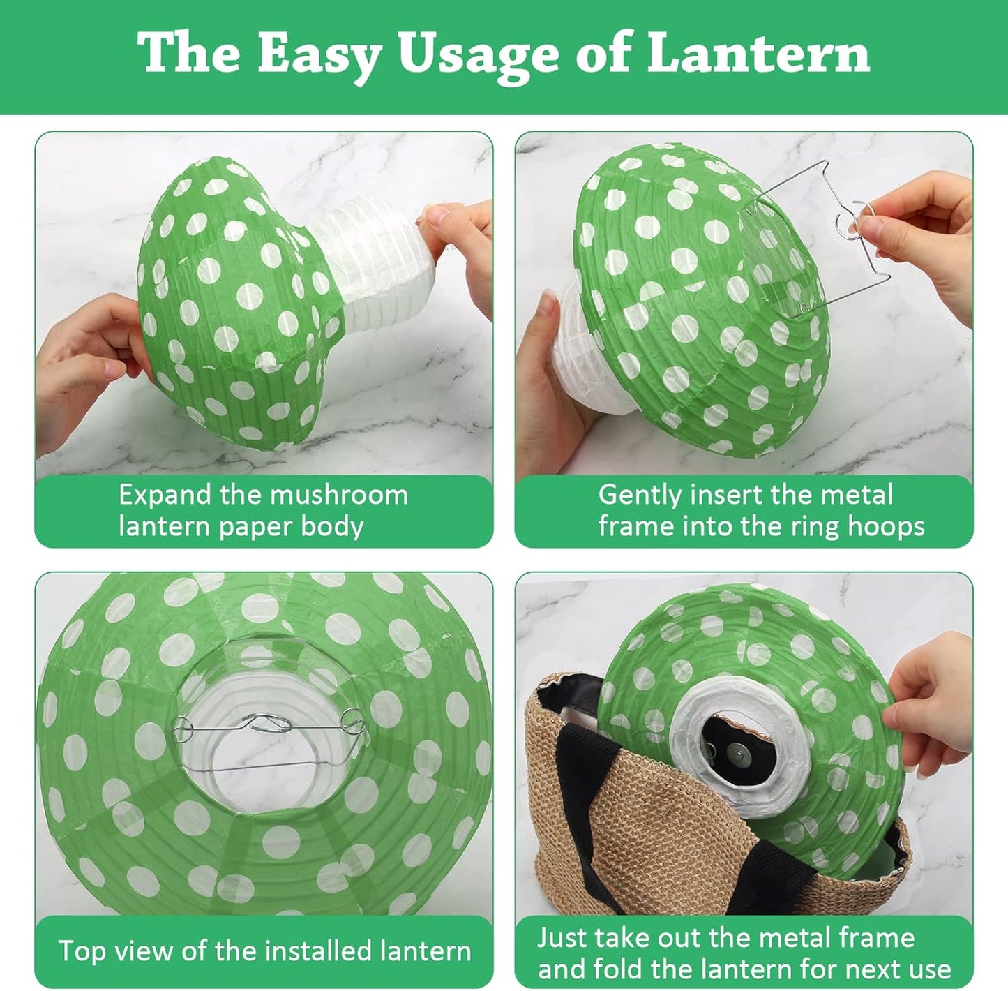 4Pcs Mushroom Shaped Paper Lanterns, Windspeed Large 8 and 12 Inch Lanterns for Nursery Garden Christmas Party Decoration (Green)