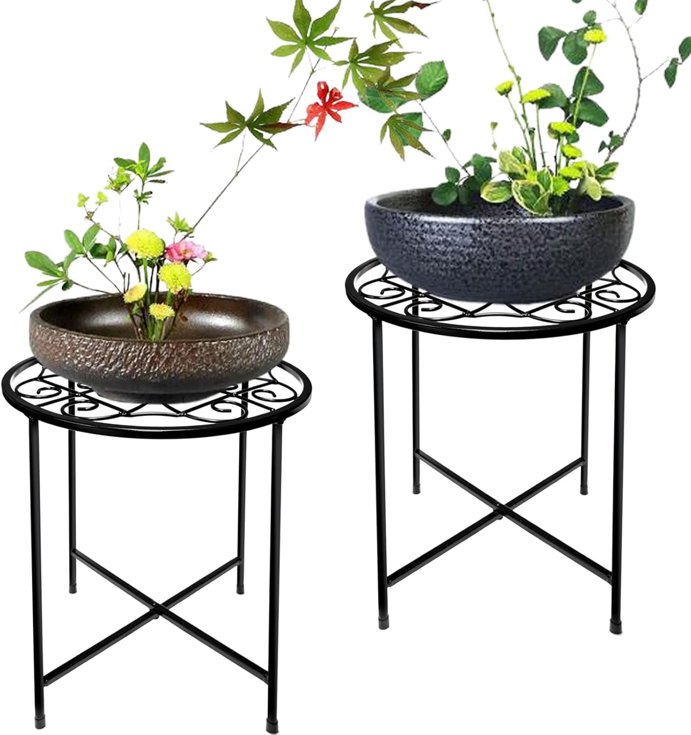 15" Tall Metal Plant Stand, 2 Pack 11" Wide Round Plant Stand for Flow