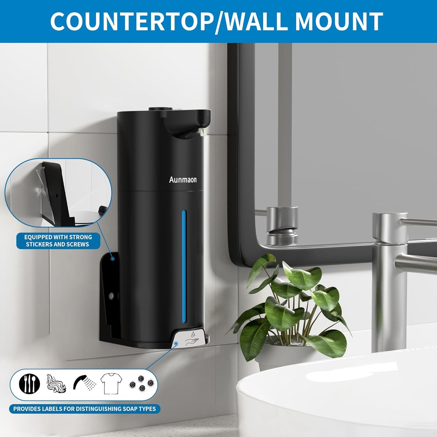 Aunmaon Automatic Soap Dispenser Touchless, Hands-Free, Multi Adjustable Volume, Long Battery Life, Compatible with Thick & Thin Dish/Hand Soap for Bathroom and Kitchen, Easy for Toddlers, Black