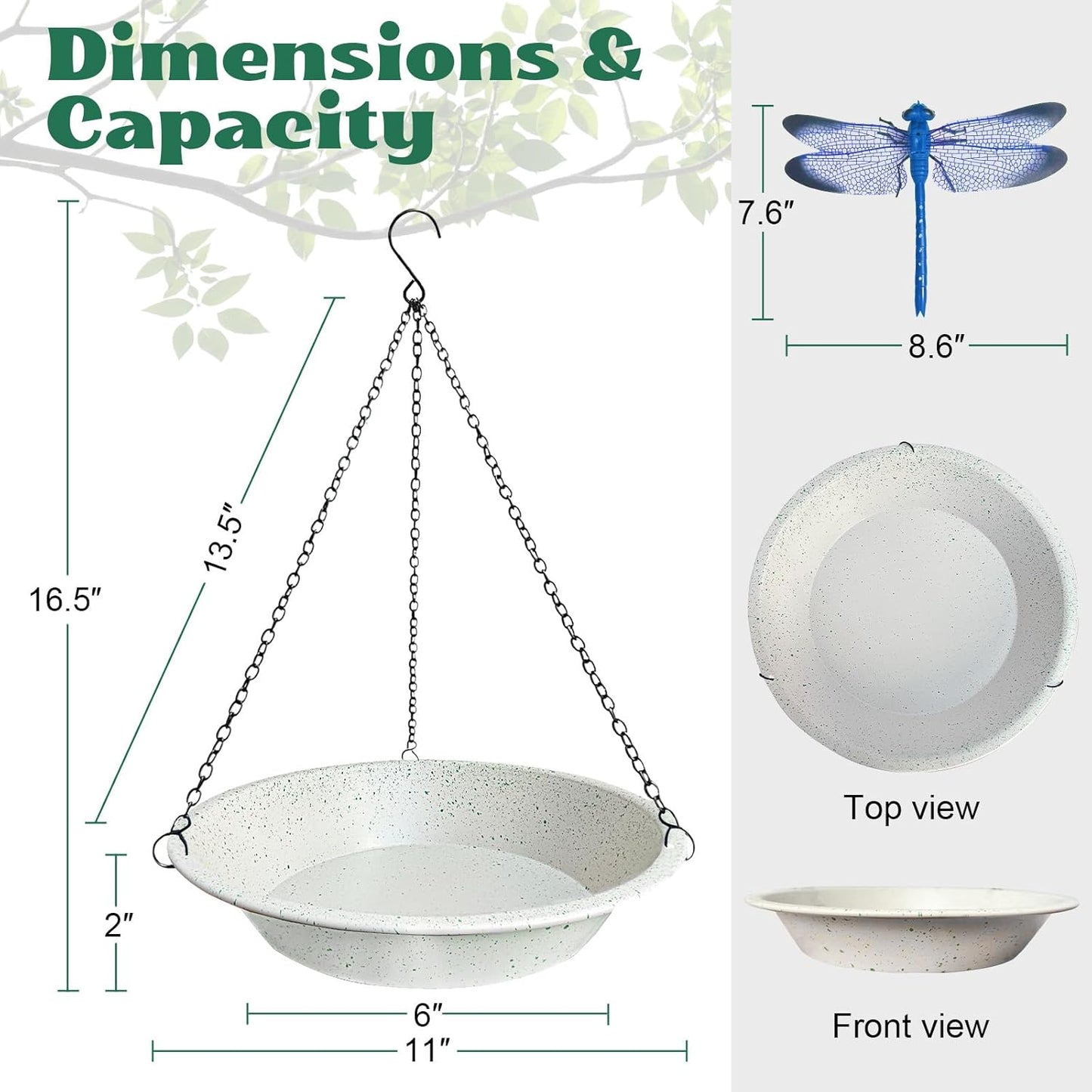 Metal Hanging Bird Bath for Outdoors,Gray Speckled Granite Look–Rust Proof Bird Water Bowl with Magnetic Dragonfly Decor,11.4 Inch Shallow Feeder Tray for Garden & Yard