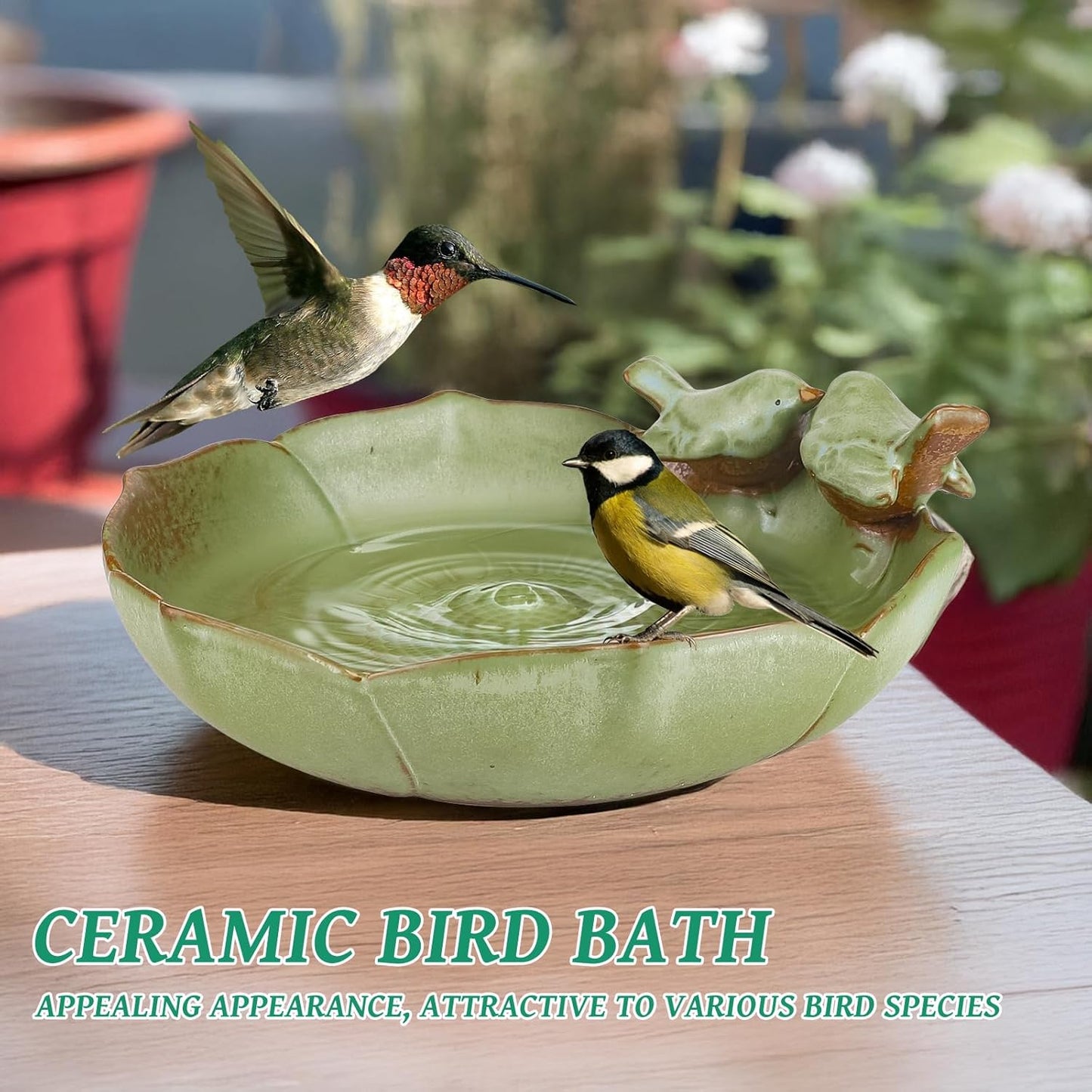 Ceramic Bird Bath Bowl for Outdoors, 9.45-Inch Ground & Tabletop Garden Decor, Weather-Resistant Birdbath for Deck, Balcony, Lawn - Easy Clean Bowl Only - Sage Color