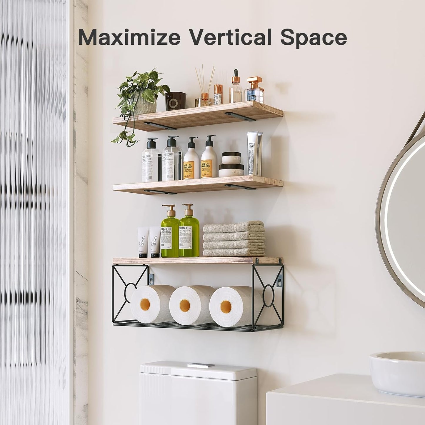Amada Bathroom Shelves Over Toilet with Storage Basket, Floating Wall Shelf for Home Organization & Wall Decor, Bathroom/Kitchen/Living Room Shelves–Natural Wood