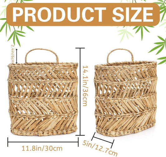 YOUEON Large Woven Hanging Storage Basket, 12x5x14 Inch Natural Water Hyacinth Wall Basket with Sturdy Iron Frame, Handwoven Front Door Flower Baskets for Home Garden, Boho Decor