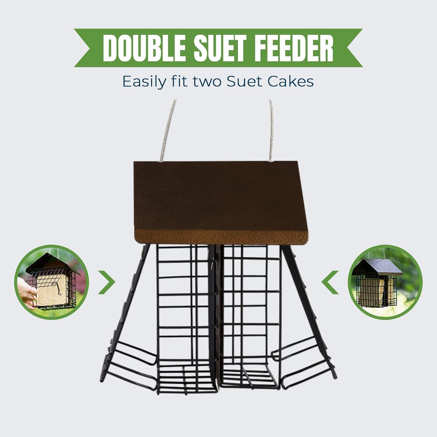MEKKAPRO Suet Feeder for Outside Hanging Metal Roof, Woodpecker Feeder, Two Suet Bird Feeder Capacity, Cage Hanger Hanging Bird Feeder Easily Fits 2 Suet Cakes Holder - Wild Bird Feeder Basket