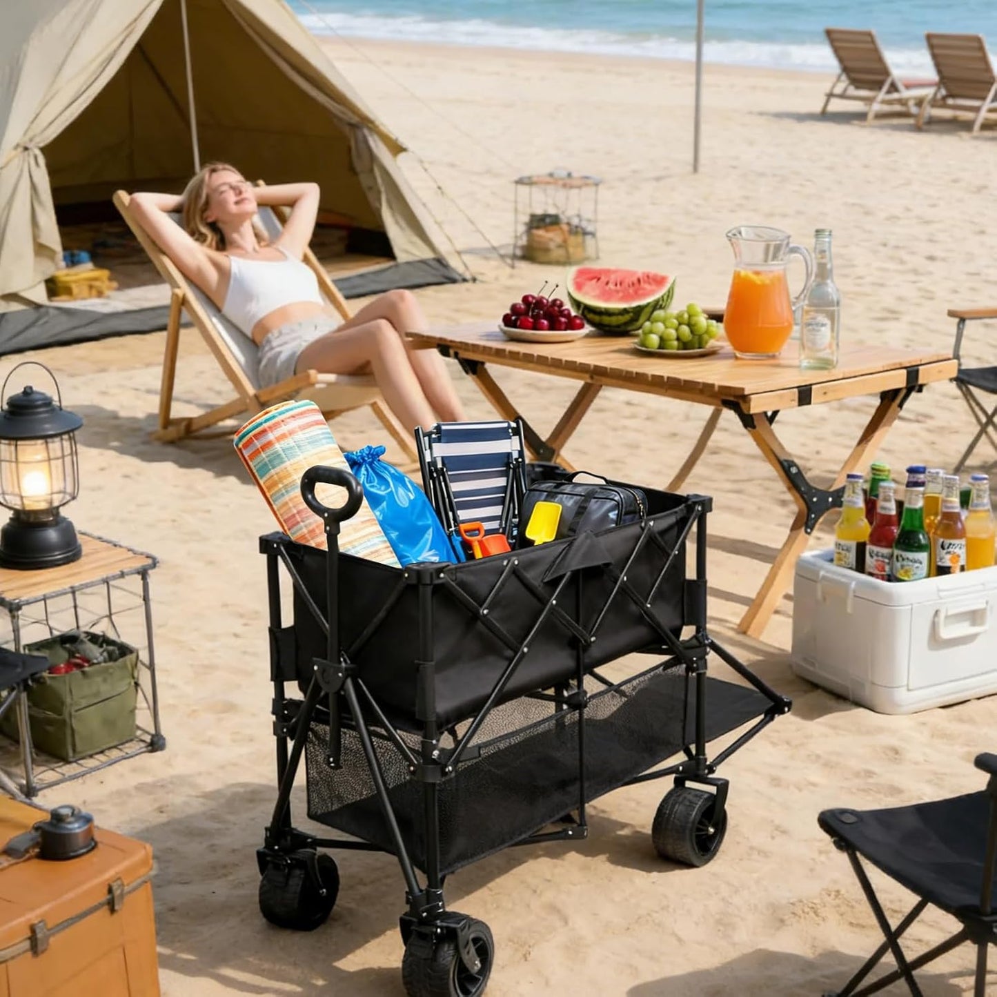 400L Large Capacity Double Decker Wagon Collapsible Wagon with Tailgate 55'' Extra Long, Foldable 450lbs Heavy Duty Beach Cart with All-Terrain Big Wheels,Utility Carts, Sports,Outdoor,Shoping Cart