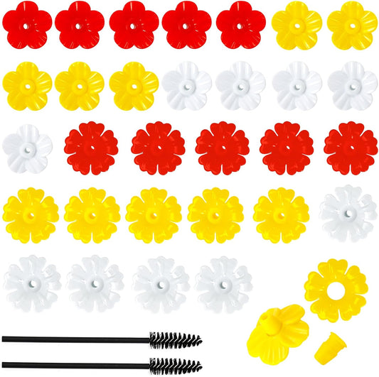 30Pcs Hummingbird Feeder Parts Hummingbird Feeder Replacement Flowers with Cleaning Brush Pet Hummingbird Feeder for Hanging Feeding Hummingbird Outdoors, 3 Colors (White, Yellow, Red)