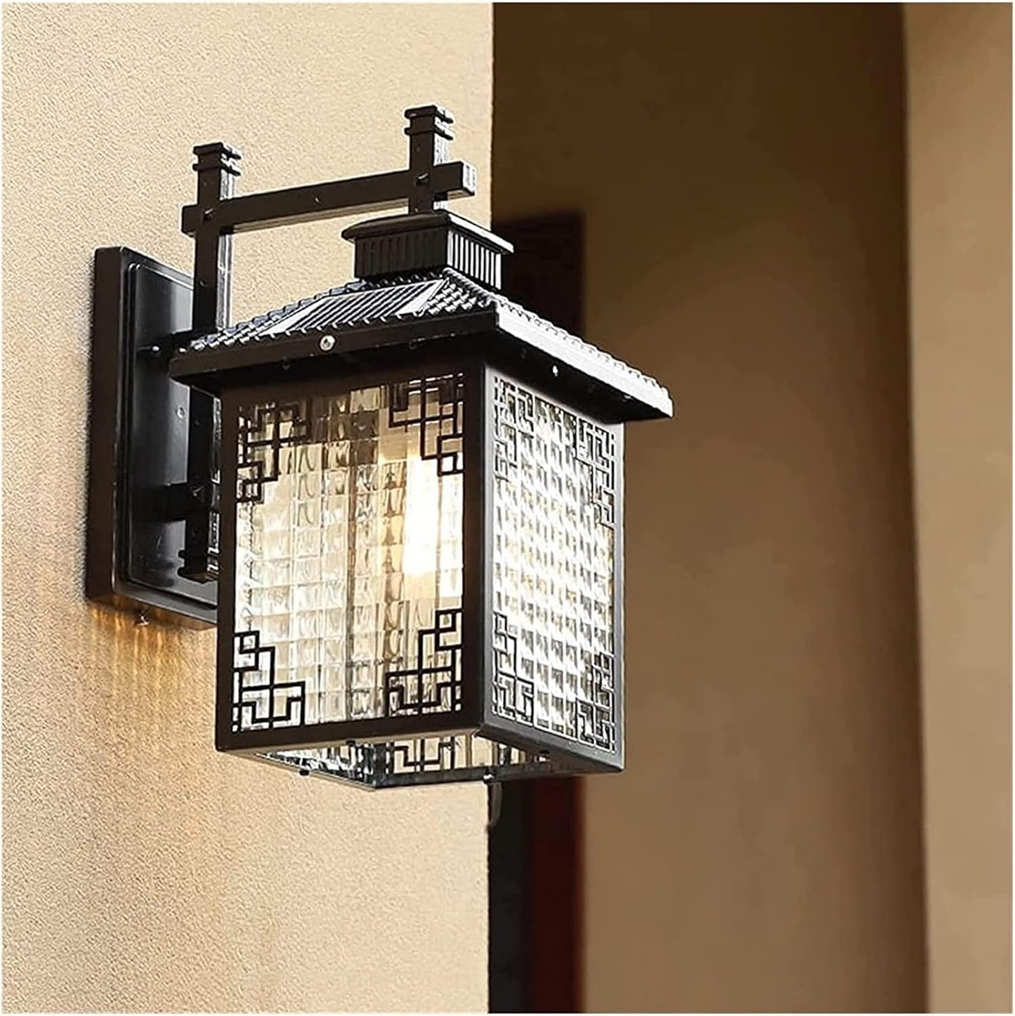 Outdoor Solar Villa Garden Wall Lamp E27 Led Waterproof Lantern Chinese Countryside Lights Vintage Sconce(Black)