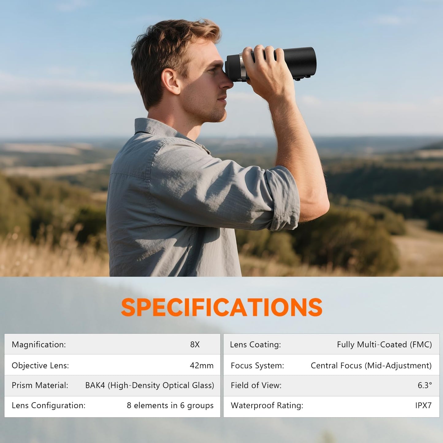8X42 Binoculars for Adults Hunting & Bird Watching - with BAK4 Prism & FMC Lens, IPX7 - Compact for Hunting, Bird Watching, Travel, Football Games & Outdoor Travel