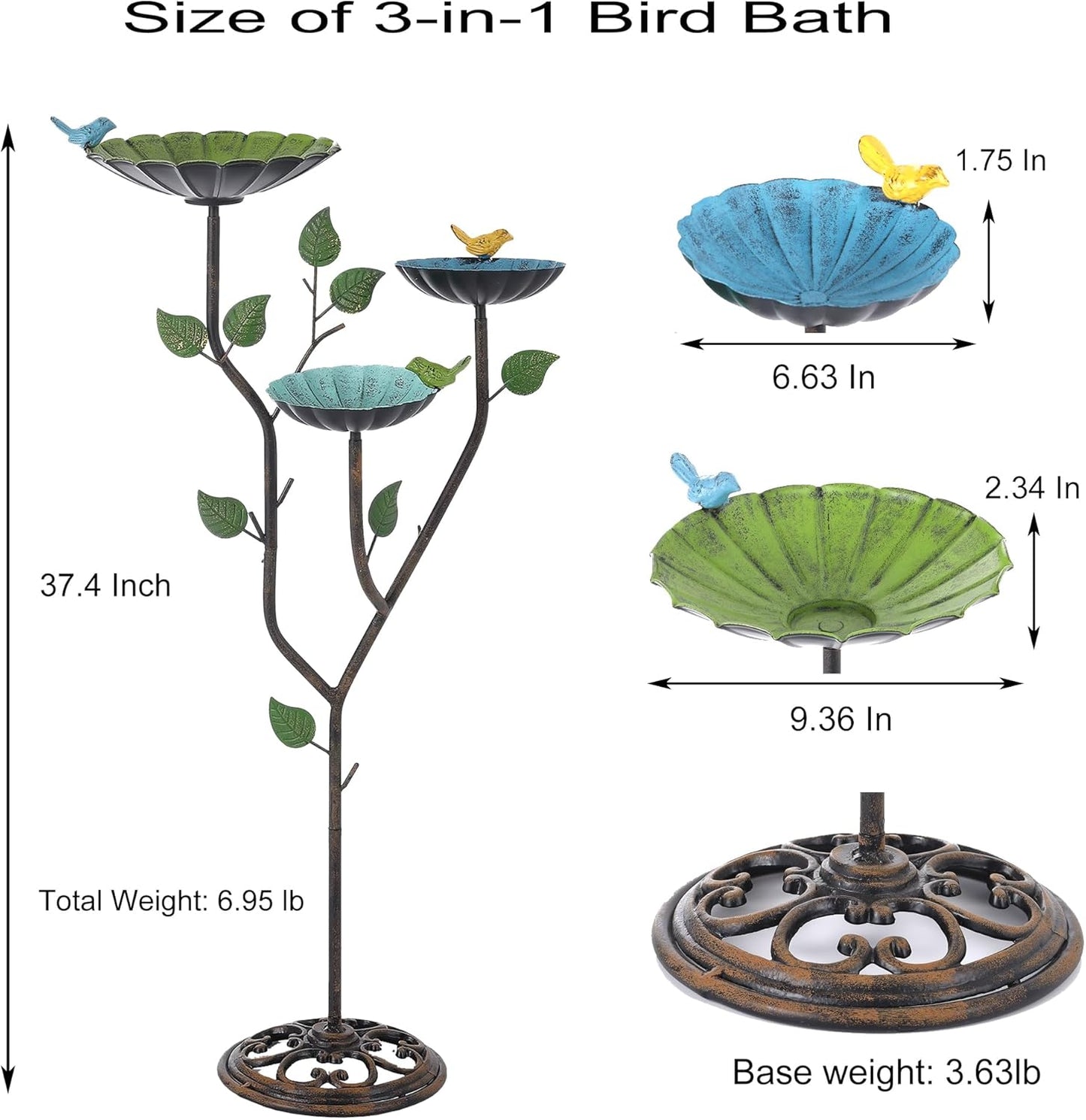 37" H Metal Bird Baths for Outdoors, Bird Bath for Outside, 3-in-1 Pedestal Bird Feeder & Bird Baths for Outdoors, Garden, Lawn, Yard Decor