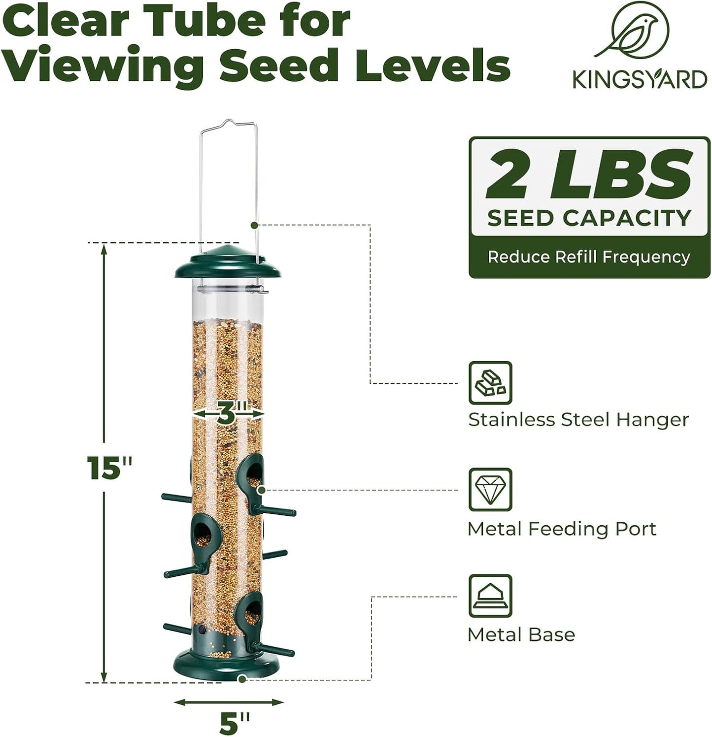 Kingsyard Metal Bird Feeders for Outdoors Hanging, Tube Bird Feeder with 6 Feeding Ports, 15 Inch, Chew-Proof & Weatherproof, Green