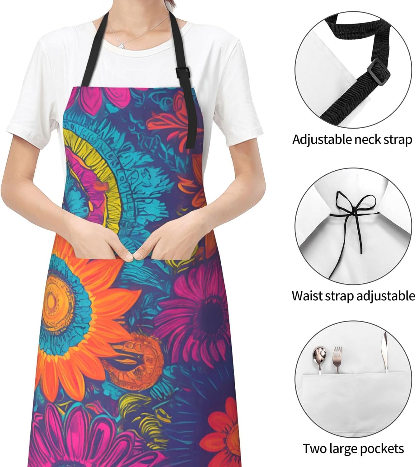 YANYU Bright Color Print 28x33 In Kitchen Apron Stylish Chef Apron with Pockets for Cooking Baking Painting