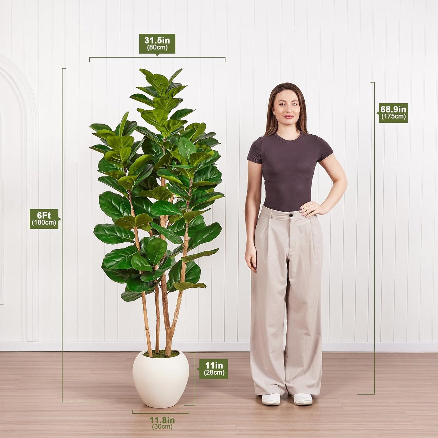 6FT Artificial Fiddle Leaf Fig Tree with White Planter - Tall Fake Tree, 3 Real Wood Trunks, Real Moss Pot, Artificial Plants Indoor Faux Tree for Home Living Room Office Decor, VN244