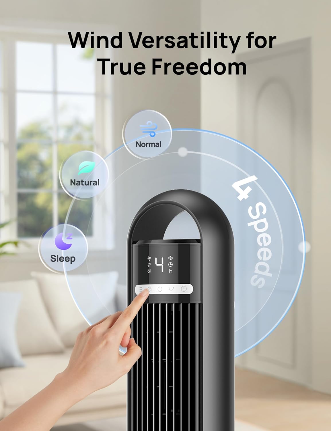 Dreo Tower Fan for Bedroom, 90° Oscillating Standing Fans for Room with 4 Speeds, 3 Modes, 28dB Quiet for Sleep, 25ft/s Velocity, 8H Timer, Remote, Living Room, Office, Home, Black