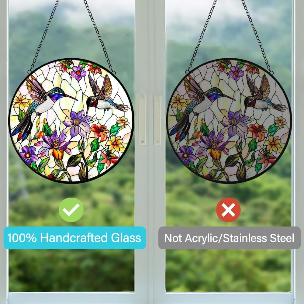 Hummingbird Stained Glass Suncatcher Window Hanging - Handmade Birds Flowers Sun Catchers Ornament - Suncatchers for Doors Home Garden Decor - Mother's Day Birthday Bird Lover Gift for Mom Grandma