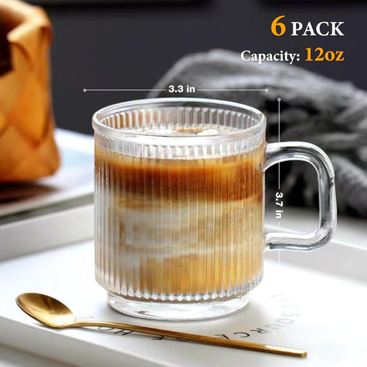 6 PACK Premium Glass Coffee Mugs with Handle, 12 OZ Classic Vertical S