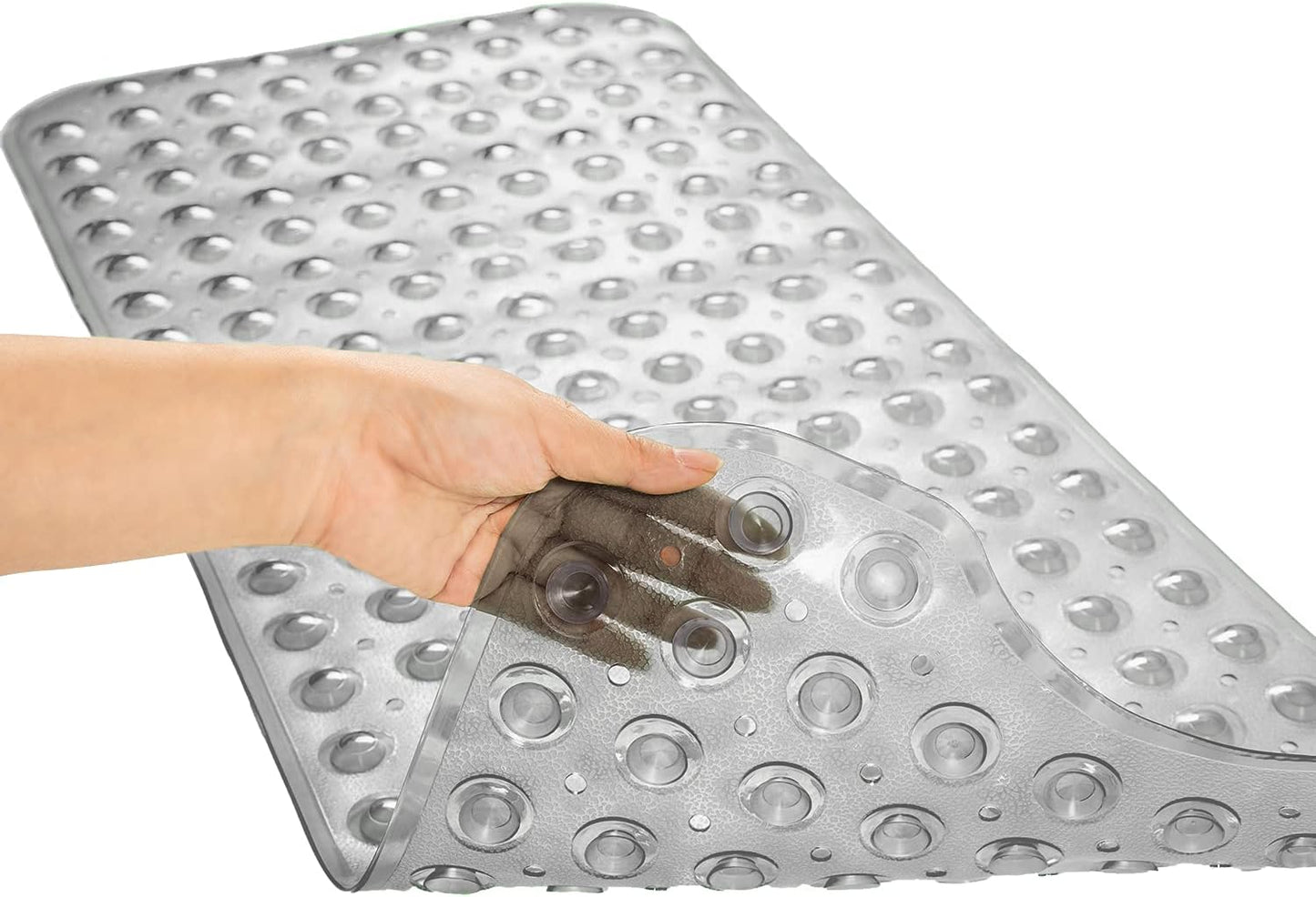 Bathtub Mats for Shower Tub, Extra Long Non-Slip 39 x 16 Inch Bath Mat with Drain Holes and Suction Cups, BathMat for Bathroom with Machine Washable (Clear Grey)