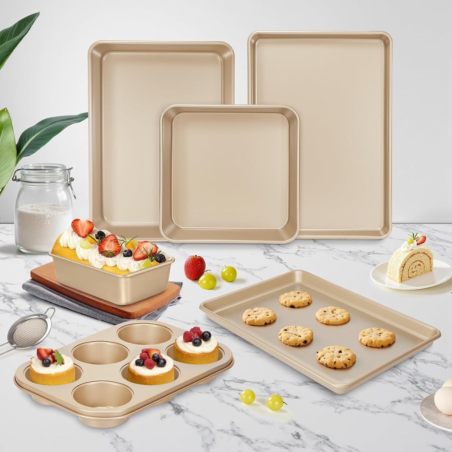 Baking Pans Set, Nonstick Stackable Bakeware Sets, Oven Pans for Cooki
