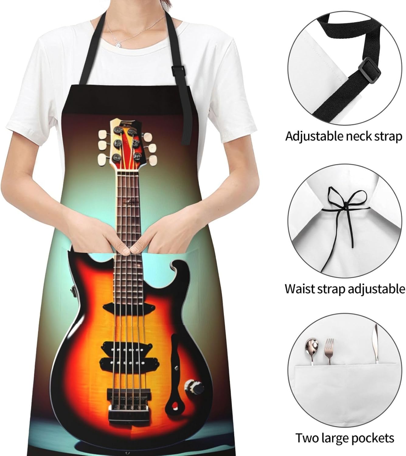 Guitar Bass Music Musical Instrument print Waterproof apron with pocket adjustable cooking apron for adult kitchen bibs to bake