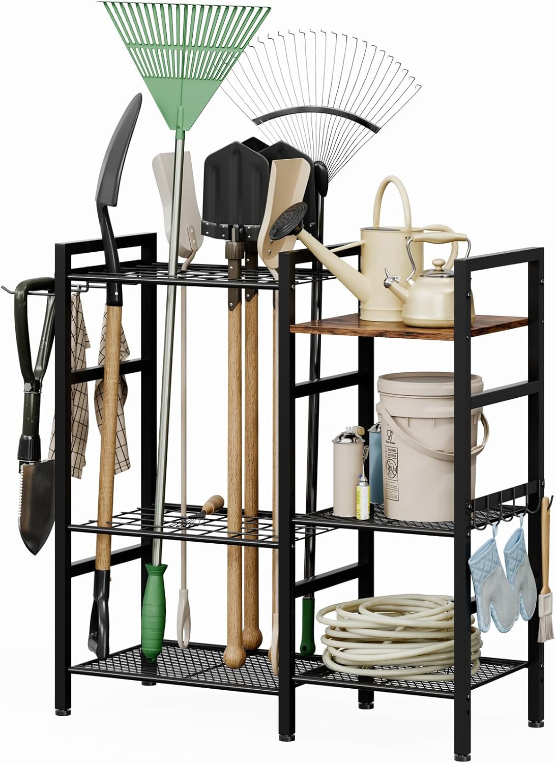 Garden Tool Organizer for Garage,3 Tier Garden Tools Rack with 8 Hooks,Up to 35 Long-Handled Tools/Rakes/Brooms, Heavy Duty Steel Garage Tool Stand for Shed, Outdoor, Black