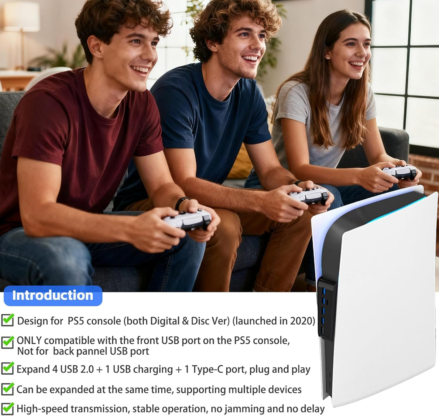 Megadream 6 Port USB Hub for PS5 Accessories, High-Speed Expansion Hub