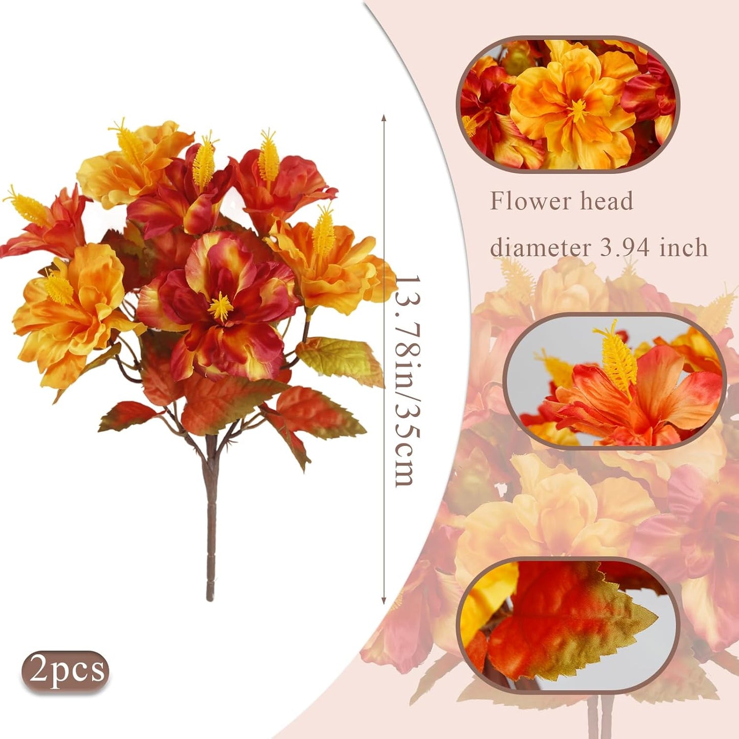 2 Pcs Fake Fall Flowers Artificial Plants for Outdoors Decoration Autumn Silk Hibiscus Flower Realistic Faux Fall Flowers for Outdoor Planters Outside Pot Balcony Yard Porch Cemetery Decor