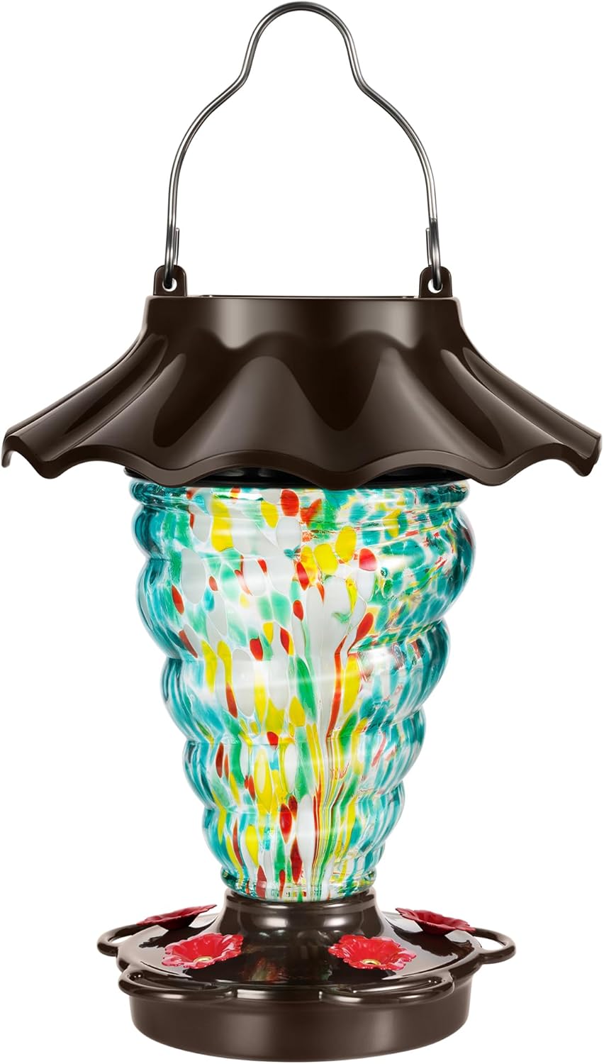 Solar Hummingbird Feeder for Outdoors Hanging, Lighted Lantern with RGB Lights, Hand Blown Glass, 28 fl.oz, Leak Proof & Rustproof, Metal Cover with 5 Feeding Ports, Spiral Shaped, Teal