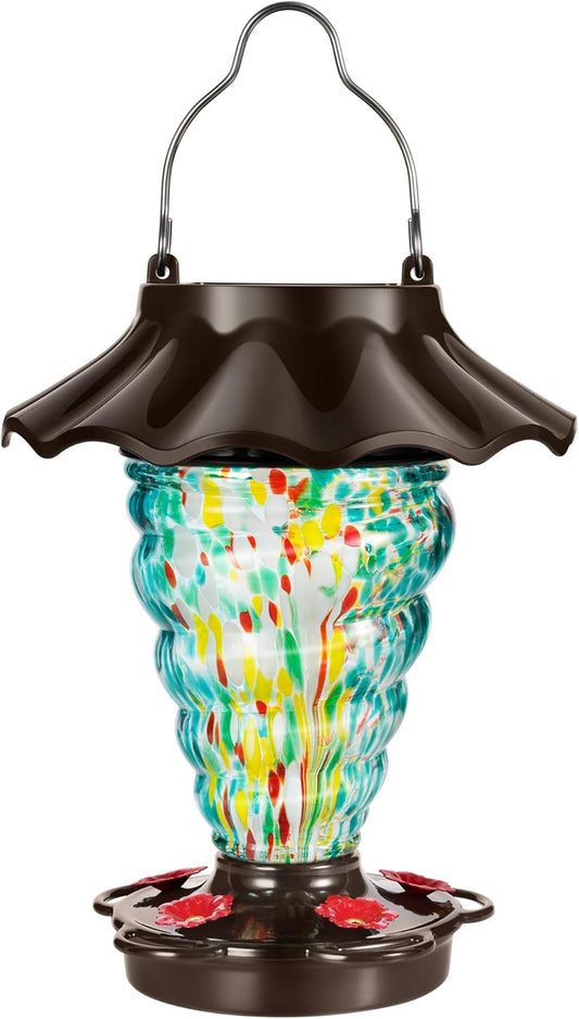 Solar Hummingbird Feeder for Outdoors Hanging, Lighted Lantern with RGB Lights, Hand Blown Glass, 28 fl.oz, Leak Proof & Rustproof, Metal Cover with 5 Feeding Ports, Spiral Shaped, Teal