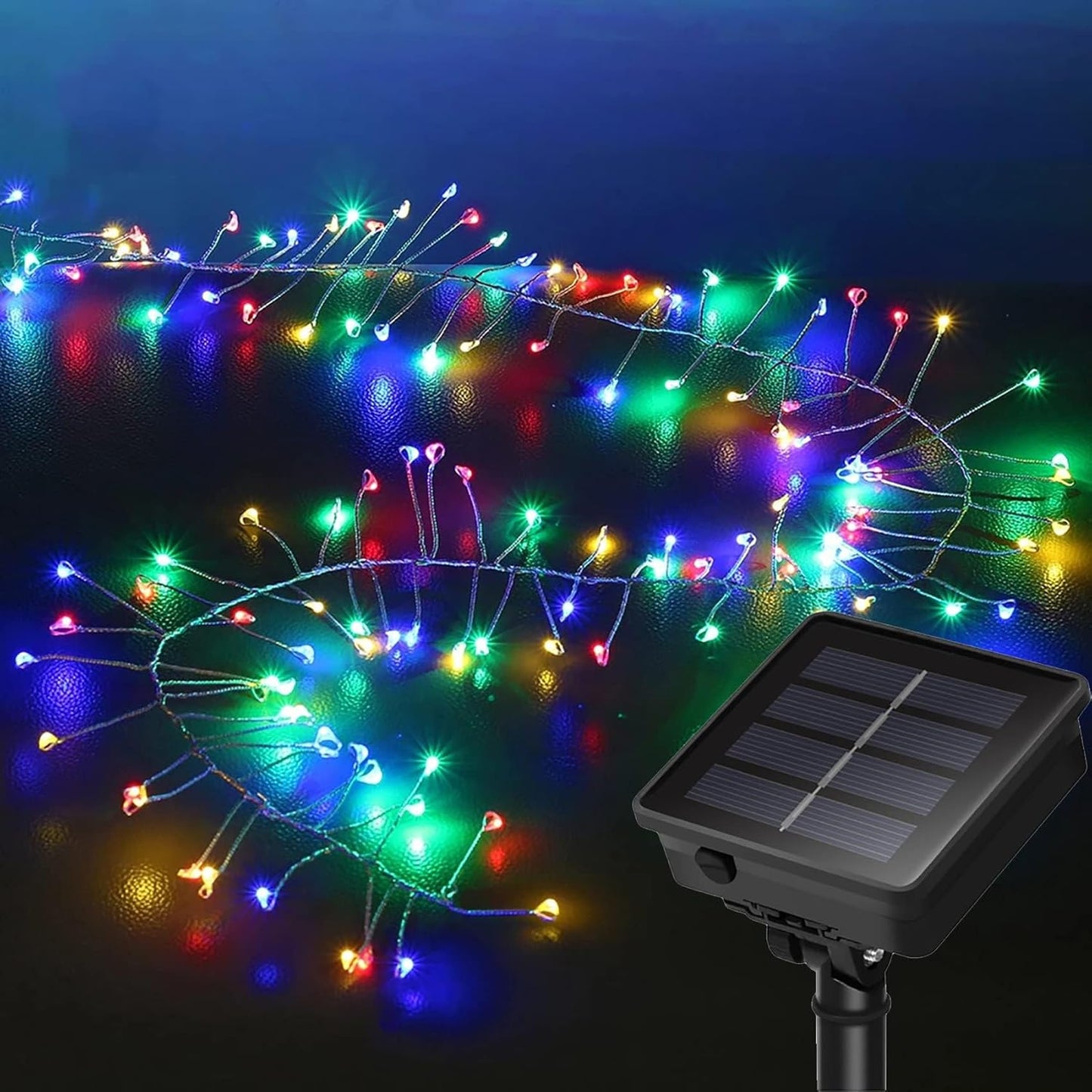 Solar Fairy Lights - 9.84Ft 100 LED Waterproof Solar Firecracker Lights with 8 Modes, Outdoor Christmas String Lights for Garden, Wedding, Party Decor (Colorful)