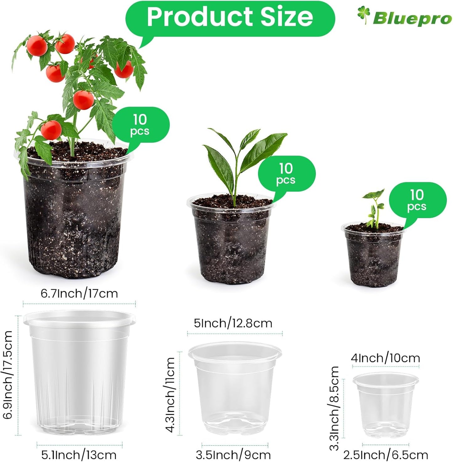 36 Packs 5/4/3.5 Inch Reinforced Clear Nursery Pots with Drainage Hole