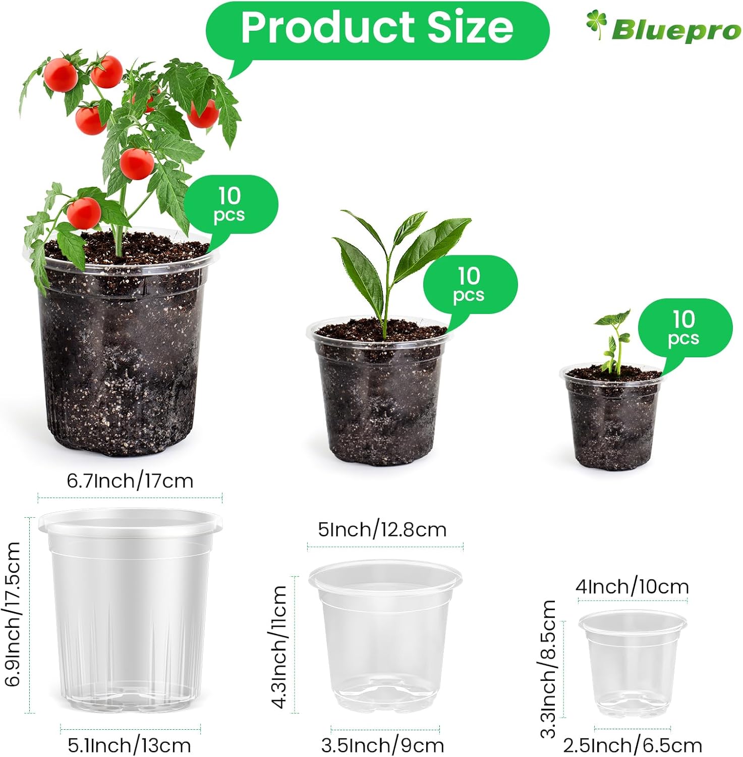 36 Packs 5/4/3.5 Inch Reinforced Clear Nursery Pots with Drainage Hole