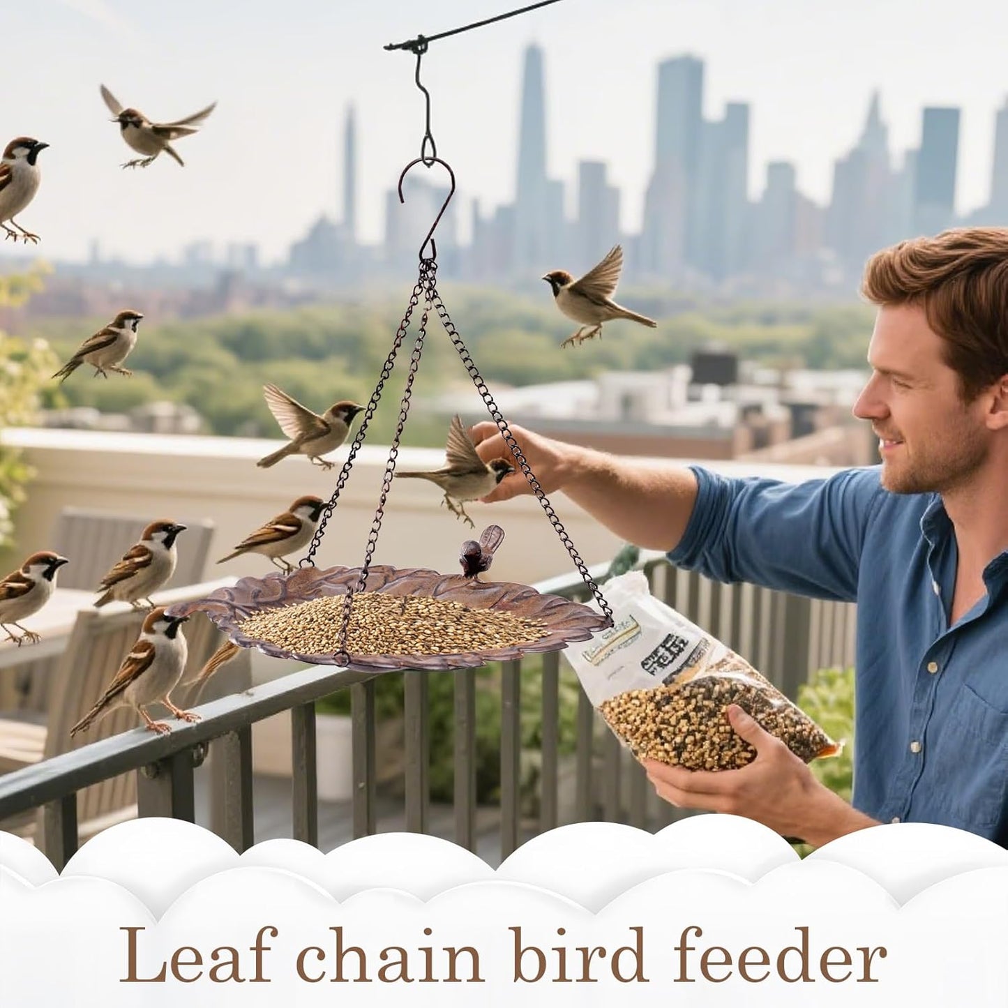 Hanging Bird Bath Feeder, Metal Hanging Bird Feeder Leaf Design, Rust 
