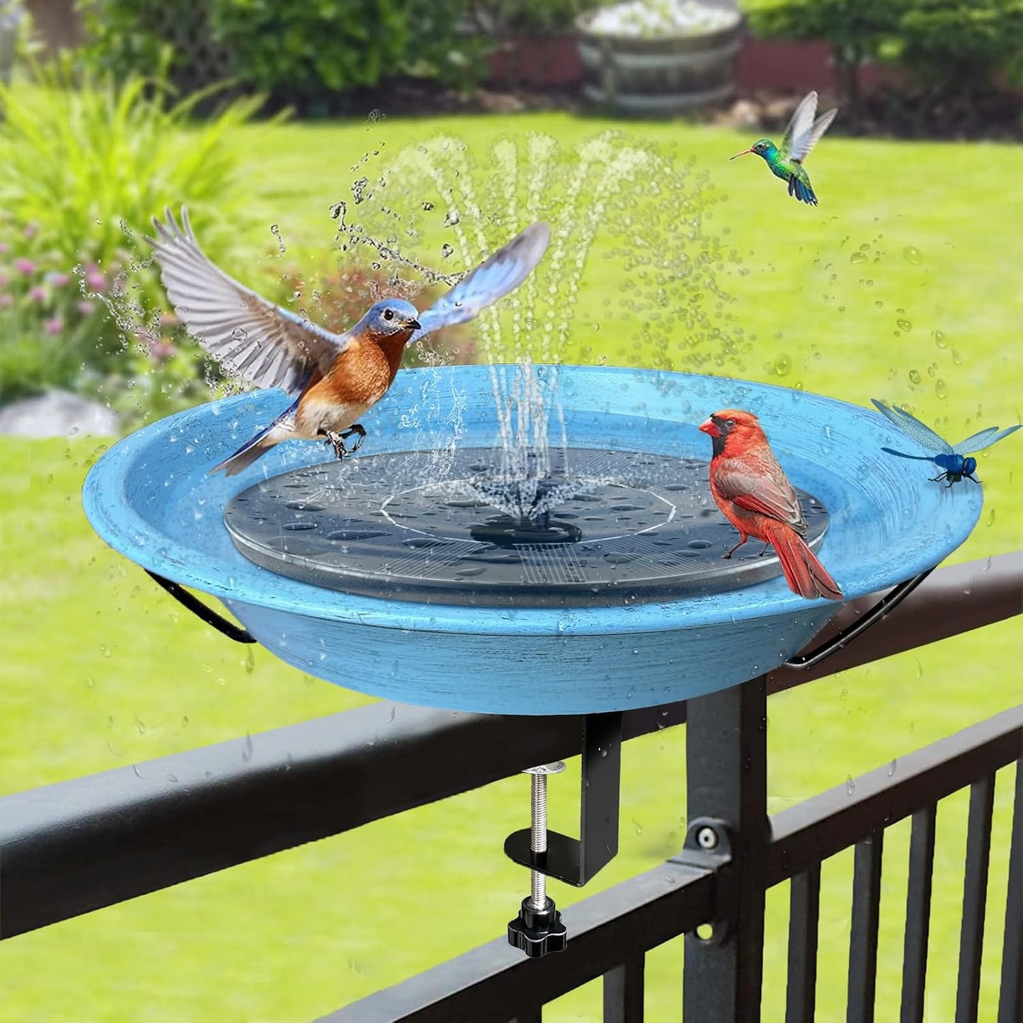 Bird Bath Deck Mounted Bowl 12 Inch Metal Bird Baths with Adjustable Sturdy Metal Clamp for Deck Railing Balcony Bird Feeder for Garden Yard and Lawn Decoration-Blue