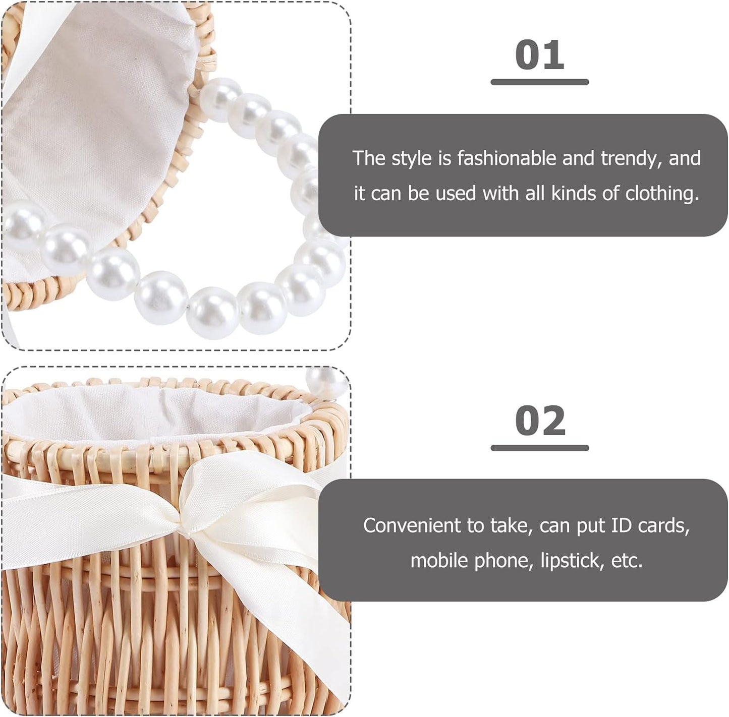 Wicker Flower Basket Rattan Flower Girl Basket Straw Basket Picnic Basket Purse Wedding Flower Girl Baskets with Pearl Handle Small Basket with Handle for Candy Garden Home