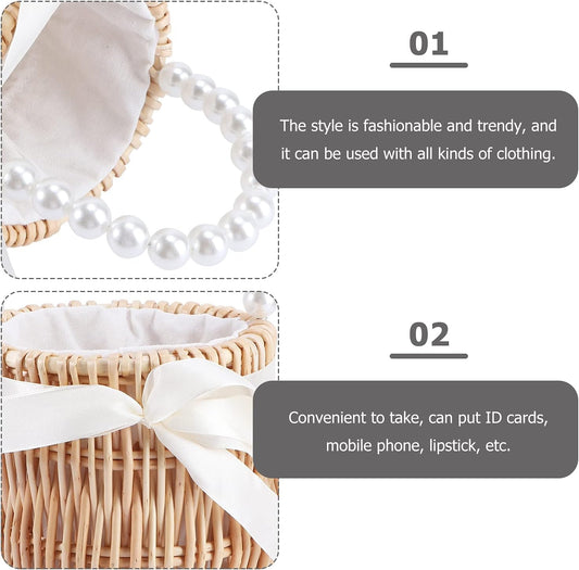 Wicker Flower Basket Rattan Flower Girl Basket Straw Basket Picnic Basket Purse Wedding Flower Girl Baskets with Pearl Handle Small Basket with Handle for Candy Garden Home