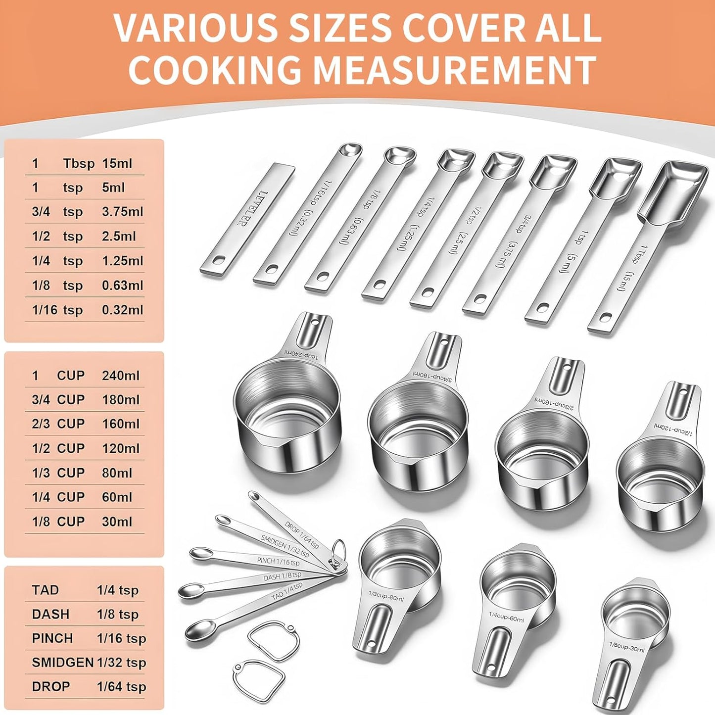 EWFEN Measuring Cups and Spoons Set, 7 Stainless Steel Nesting Measuri