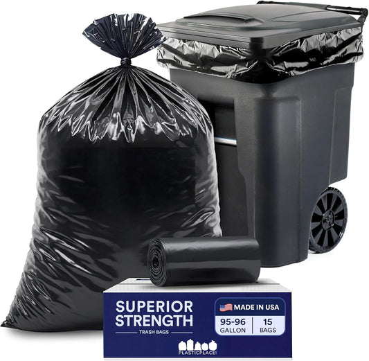 Plasticplace 95-96 Gallon Heavy Duty Black Trash Bags - Contractor Grade, Extra Large Garbage Bags for Construction & Outdoor Trash Cans, 1.2 Mil Thick, 61” x 68” (15 Count Roll)