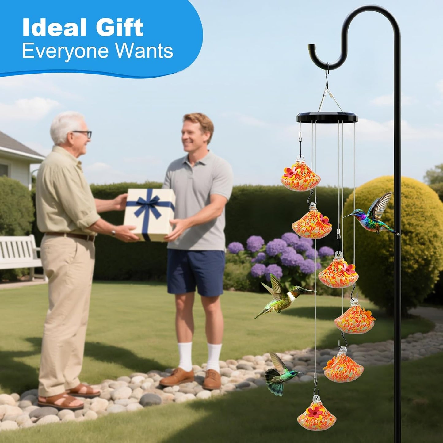Wind Chime Glass Hummingbird Feeder - 20 Oz Outdoor Hanging Feeder wit
