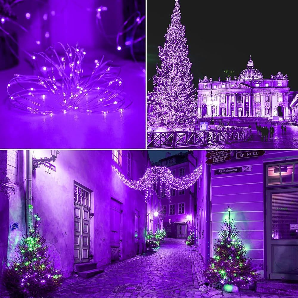 2 Pack Halloween Solar Purple String Lights,Each 40FT 120 LED Copper Wire Fairy Lights, Waterproof for Halloween Decor Thanksgiving Patio Yard Trees Party