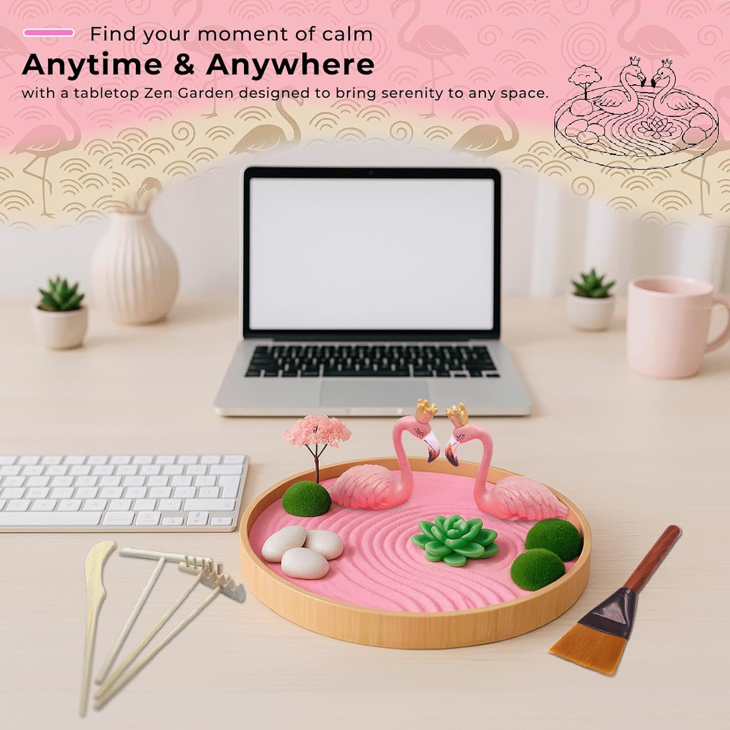 Zen Garden for Desk Set – Japanese Pink Mini Sand Tray Kit with Cleani