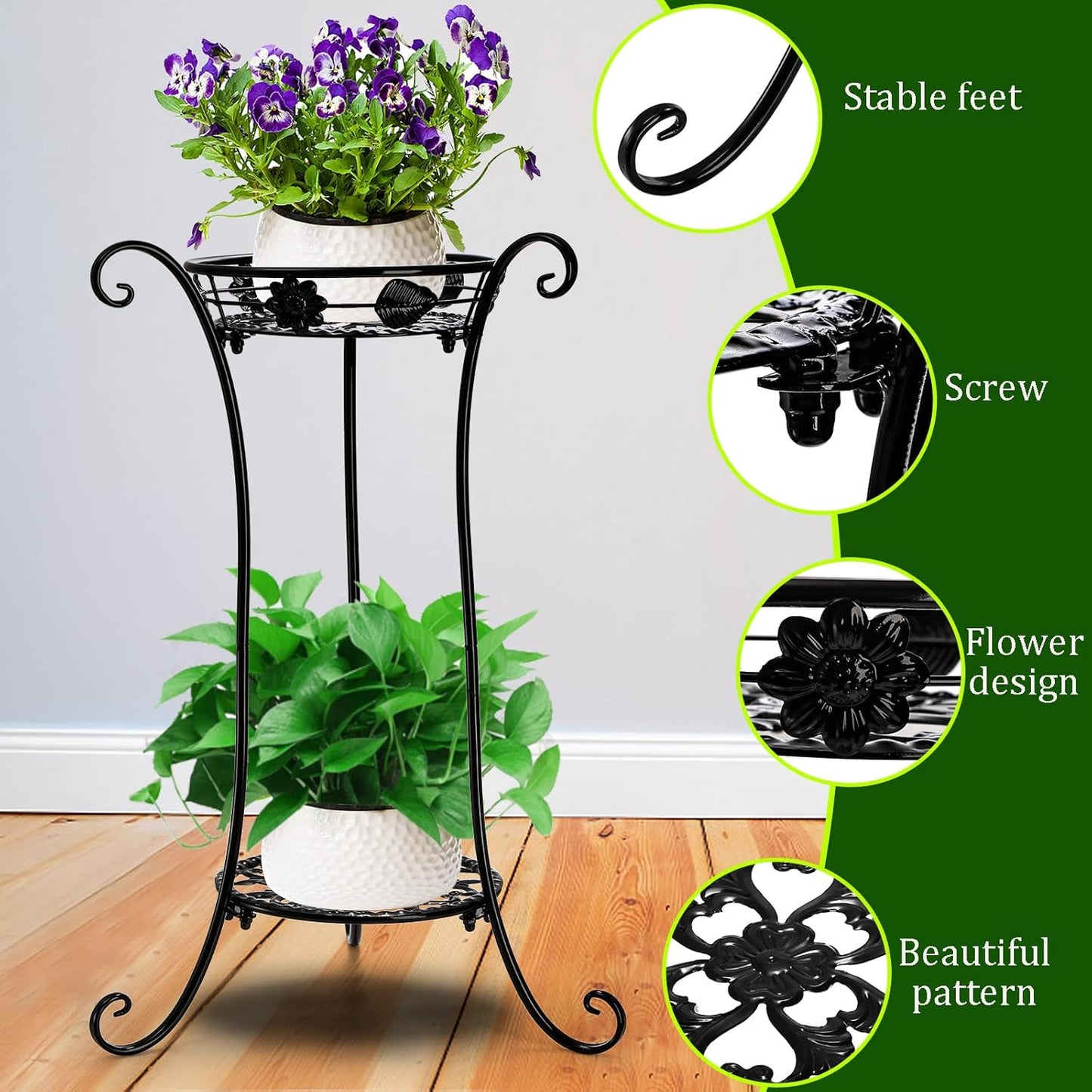 Yesland 2 Pcs Metal Plant Stand Indoor Outdoor, 2 Tier Black Iron Flow