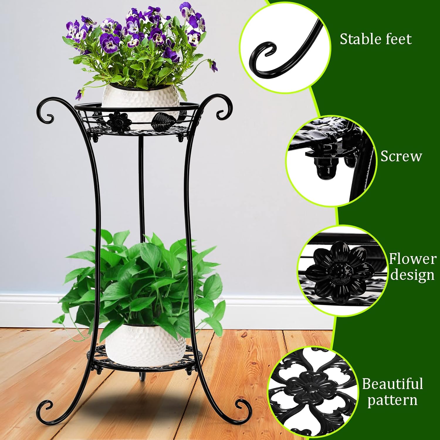 Yesland 2 Pcs Metal Plant Stand Indoor Outdoor, 2 Tier Black Iron Flow