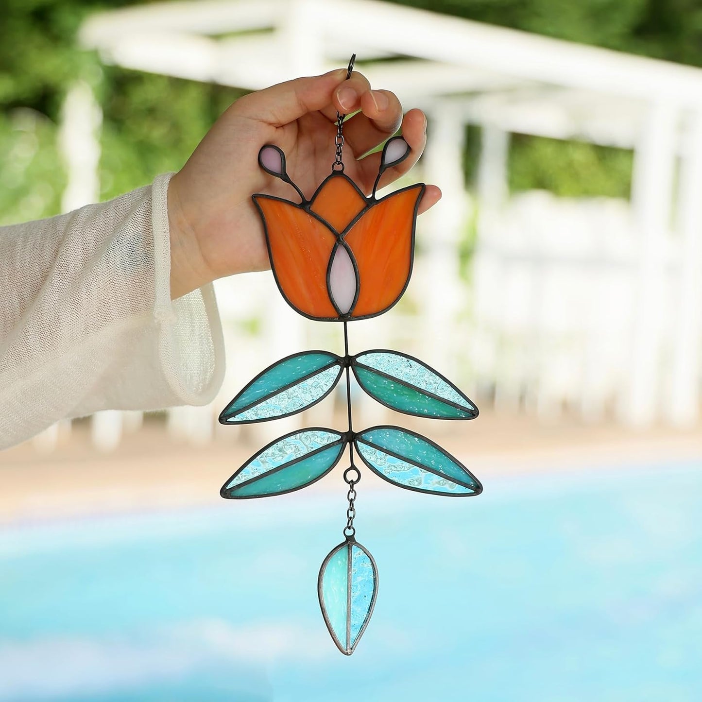 Coral Tulip Stained Glass Suncatcher, Folk Flower Stained Glass Window Hanging Sun Catcher, Retro Funky Home Decor, Handmade Coastal Ornaments, 9.4" x 4.7"