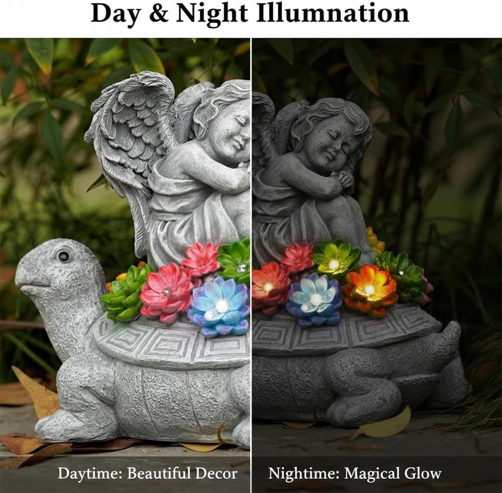 Solar Angel Turtle Garden Statue - IP65 Waterproof Outdoor Decor with 7 LED Lights - Heartwarming Memorial Gifts for Mom, Grandma - Resin Figurine for Patio & Yard