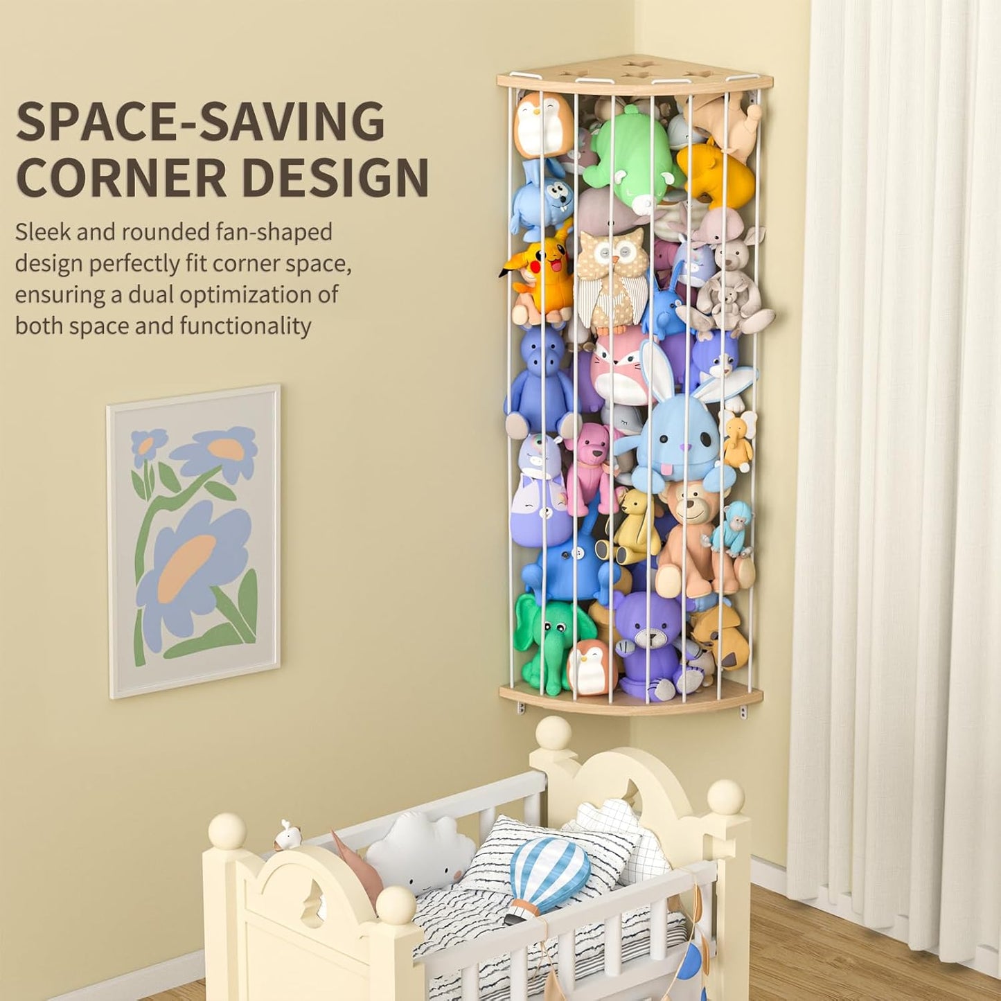 Stuffed Animal Storage Wood Corner Plush Toys Holder with Star Pattern, Length Adjustable Hanging Stuffed Animal Toy Organizer Shelf for Nursery Play Room Bedroom Kid Room