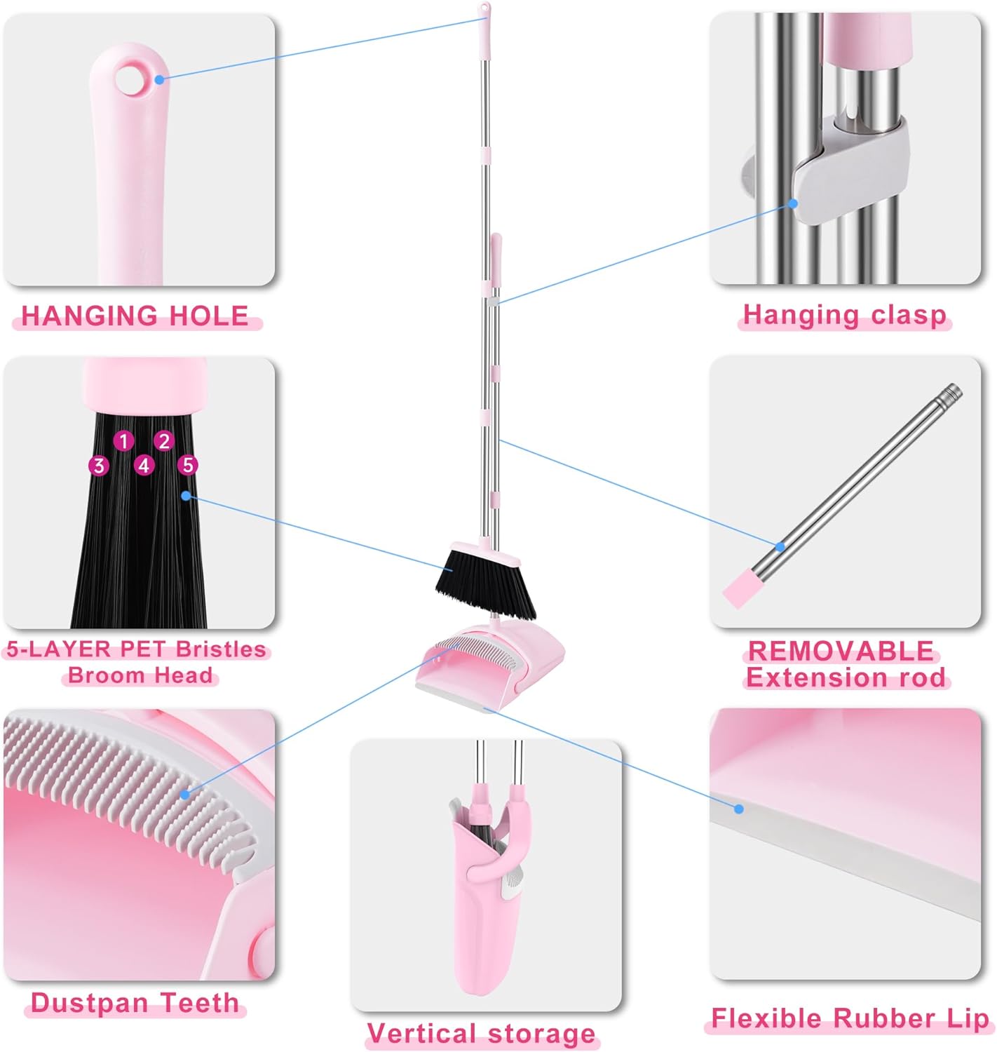 Pink Broom and Dustpan Set, 52” Long Adjustable Handle Broom with Dust