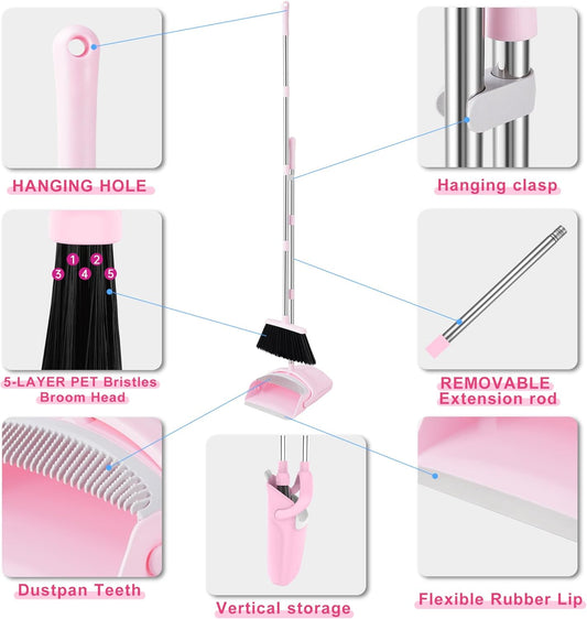 Pink Broom and Dustpan Set, 52” Long Adjustable Handle Broom with Dust